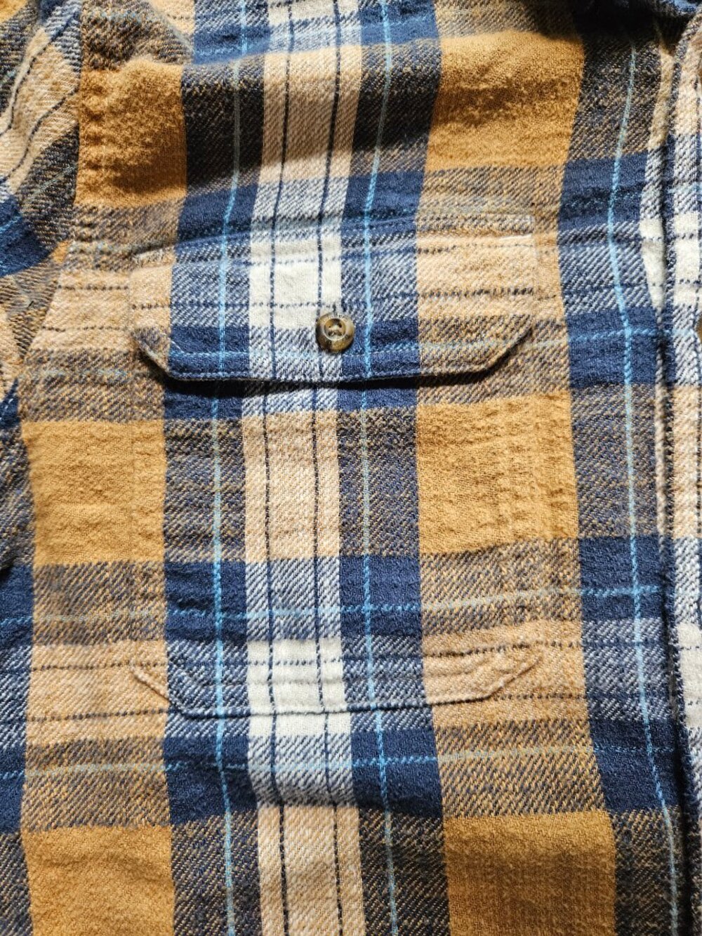 LL Bean Flannel Shirt Mens Medium Regular Mustard Blue Plaid Button Up 520381 - Picture 4 of 8